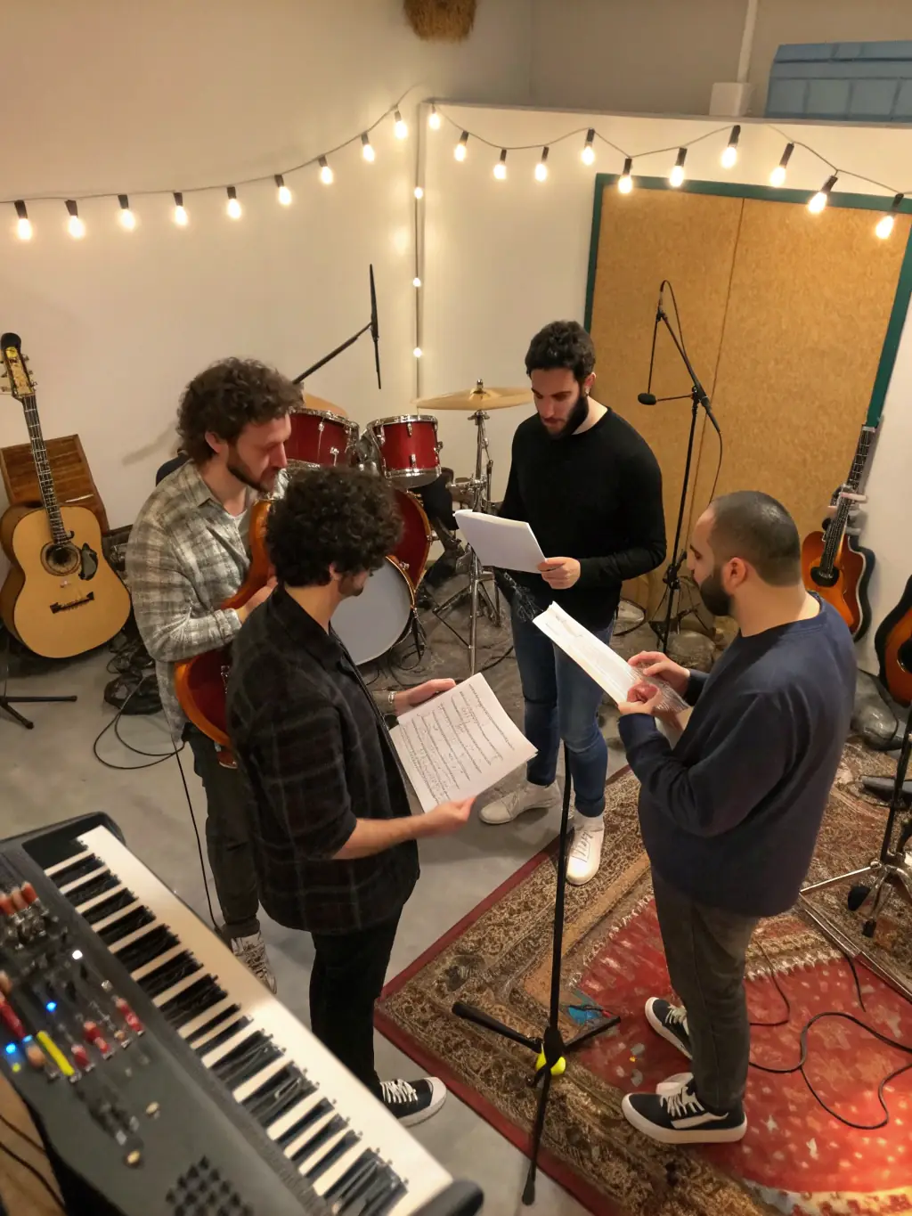 A photo of a group of musicians collaborating on a new musical piece, showcasing the teamwork and artistic exchange involved in the creative process.